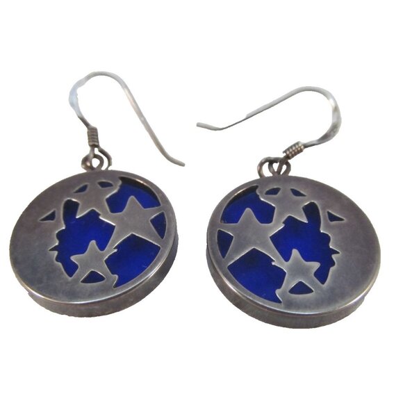 Sterling Silver Celestial Half Moon and Stars Blue Glass Pierced Earrings - Picture 1 of 12